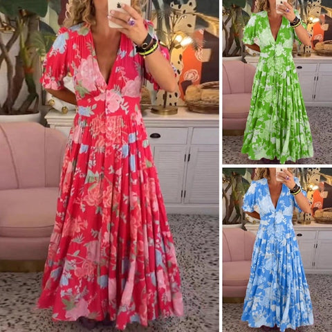 Vestido cómodo con escote en pico y bolsillos