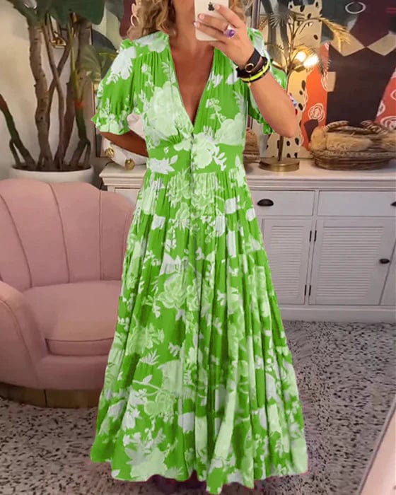 Vestido cómodo con escote en pico y bolsillos